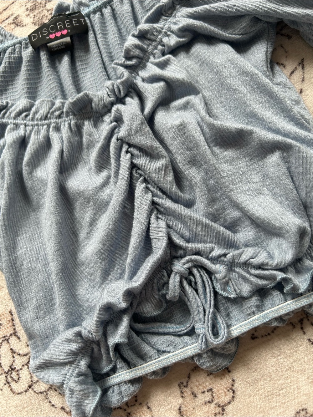 Discreet - Dusty Blue Ruched Ruffle Off The Shoulder Crop Top - Picture 4 of 10